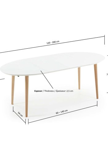 KAVE HOME Oakland spisebord - matt hvitt tre med naturlige ben, ovale, med uttrekk (120/200x90)