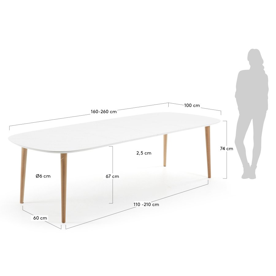 KAVE HOME Oqui spisebord med tilleggsplater, oval, hvit MDF 160 (260) x 100 cm