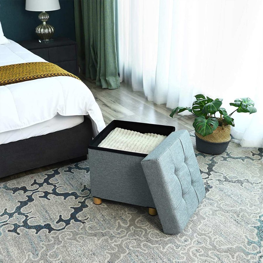 SONGMICS Fotpall med f&ouml;rvaring, vadderad, hopf&auml;llbar b&auml;nk, byr� med lock, massiva tr&auml;f&ouml;tter, platsbesparande, klarar upp till 300 kg, f&ouml;r sovrum, hall, barnrum, ljusgr� LSF14GYX