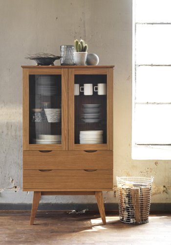 ROWICO Filippa vitrineskab - olieret eg, m. 2 glaslger og 2 skuffer 