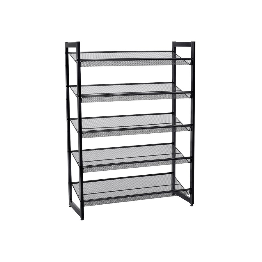 SONGMICS 5-lags skohylde i metalnet med flade, vinklede hylder, stor stabelbar og justerbar st�vleopbevaring i gangenskab LMR005B, sort
