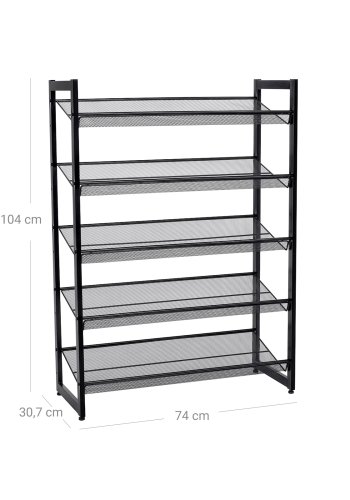 SONGMICS 5-lags skohylde i metalnet med flade, vinklede hylder, stor stabelbar og justerbar st�vleopbevaring i gangenskab LMR005B, sort