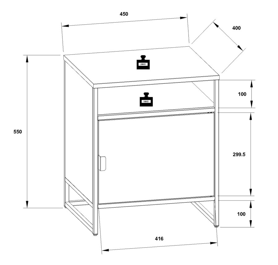 VCM NORDIC Flokas L Nachttisch, mit 1 offenen Fach und 1 Tür – schwarzes Metall (45x40)