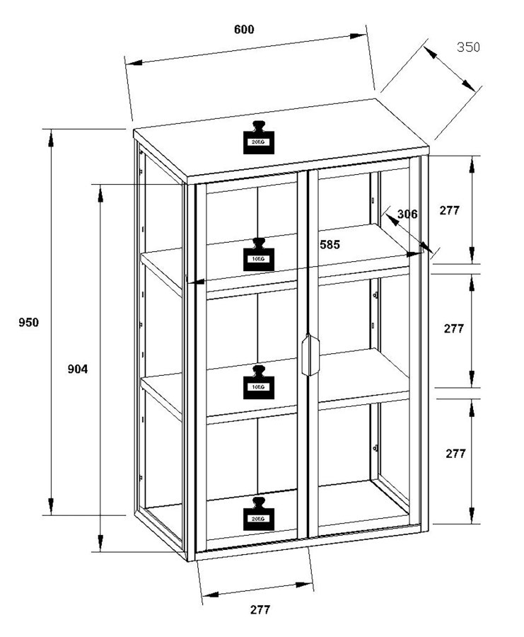 VCM NORDIC Flokas L Hängeschrank, m. 2 Türen und 2 Einlegeböden – Glas und schwarzer Stahl