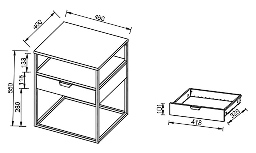 VCM NORDIC Flokas M sengebord, m. 1 åbent rum og 1 skuffe - sort metal (45x40)