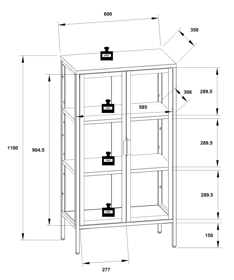 VCM NORDIC Flokas M Hängeschrank, m. 2 Türen und 1 Einlegeboden – Glas und schwarzer Stahl