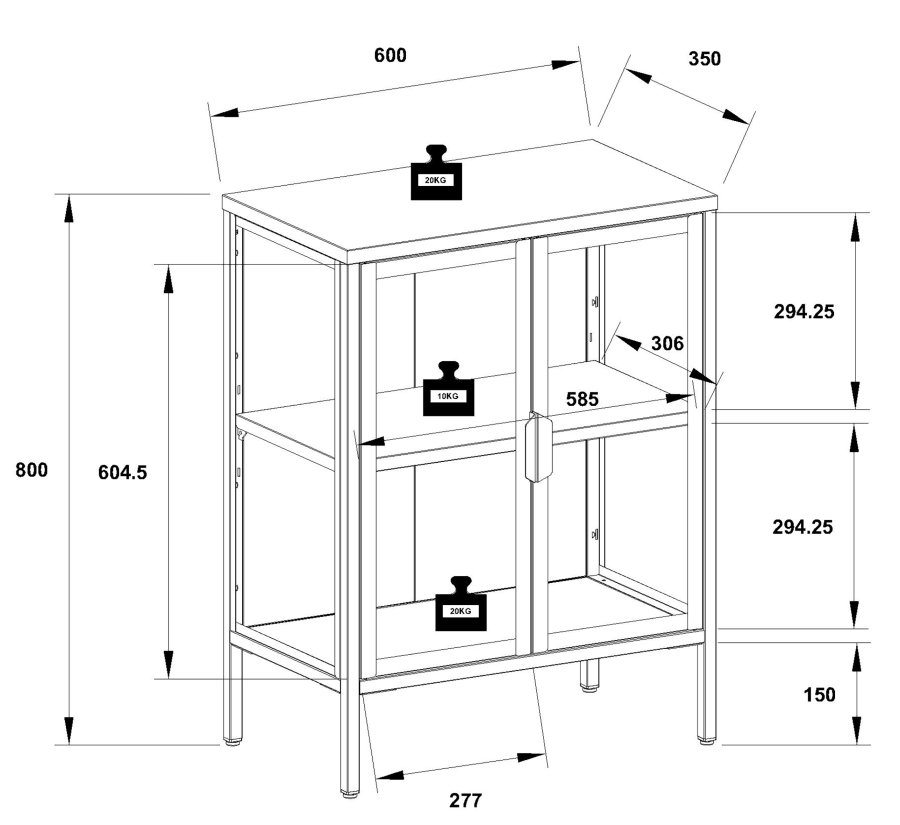 VCM NORDIC Floka S Vitrine, m. 2 Türen und 1 Einlegeboden - Glas und weißer Stahl