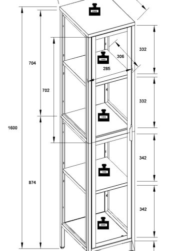 VCM NORDIC Floka XL Vitrine, m. 1 Tür und 3 Einlegeböden - Glas und schwarzer Stahl
