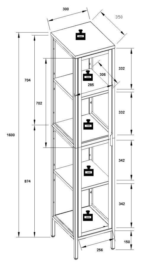 VCM NORDIC Floka XL Vitrine, m. 1 Tür und 3 Einlegeböden - Glas und schwarzer Stahl