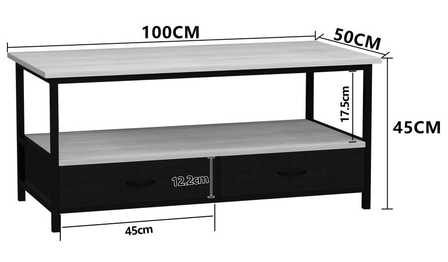 VCM NORDIC Flonila Couchtisch, m. 1 offenes Fach und 2 Stoffschubladen - weißes Holz und Metall (100x50)