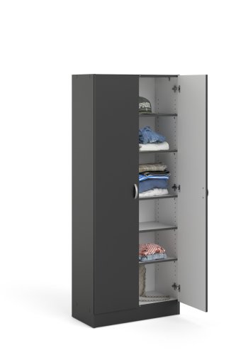 TVILUM Focus Kleiderschrank, mit 2 Türen und 5 Einlegeböden – mattschwarze Folie/Spanplatte