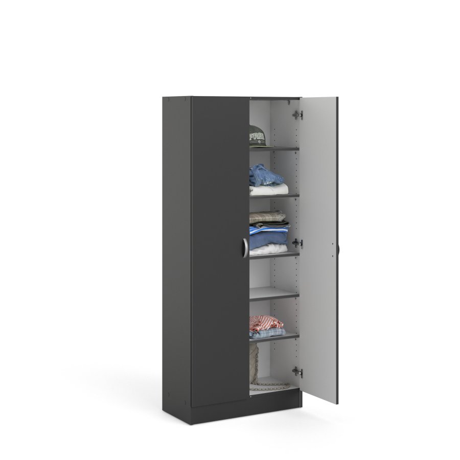 TVILUM Focus Kleiderschrank, mit 2 Türen und 5 Einlegeböden – mattschwarze Folie/Spanplatte