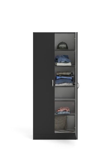 TVILUM Focus Kleiderschrank, mit 2 Türen und 5 Einlegeböden – mattschwarze Folie/Spanplatte