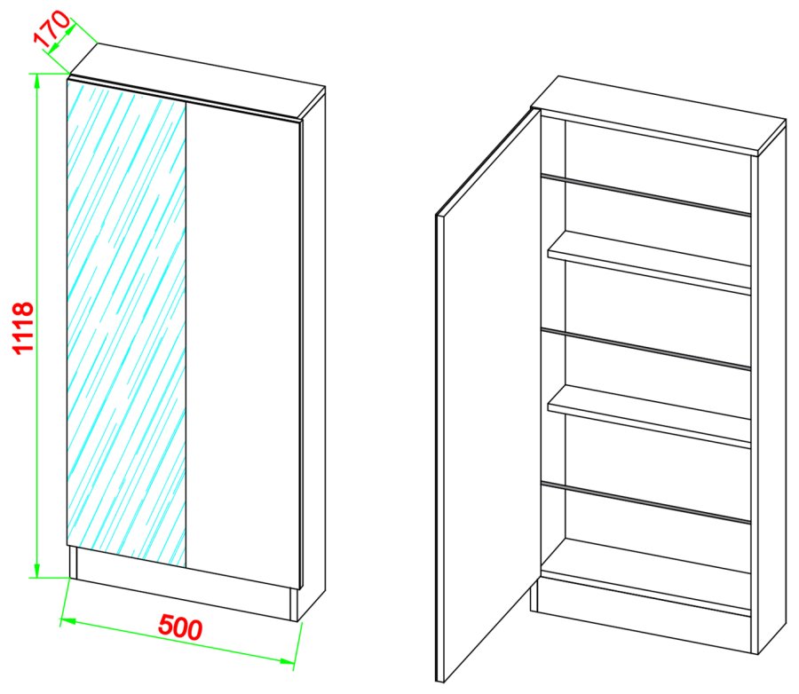 VCM NORDIC Fulisa Schuhschrank, mit Spiegel an der Tür, 2 Einlegeböden – anthrazitgraues Holz