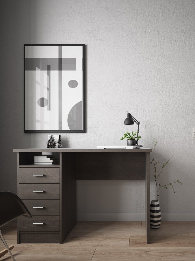 TVILUM Function Plus Schreibtisch, mit 1 Fach und 4 Schubladen - Rovere Gessato dunkles MDF (110x48,5)
