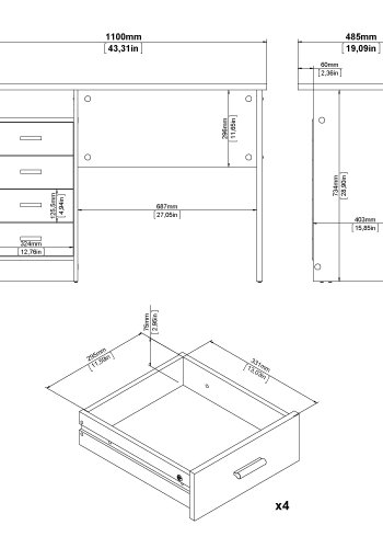 TVILUM Function Plus Schreibtisch, mit 1 Fach und 4 Schubladen – MDF aus schwarzer Esche (110 x 48,5)