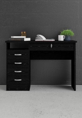 TVILUM Function Plus Schreibtisch, mit 1 Fach und 5 Schubladen – MDF aus schwarzer Esche (109,3 x 48,5)