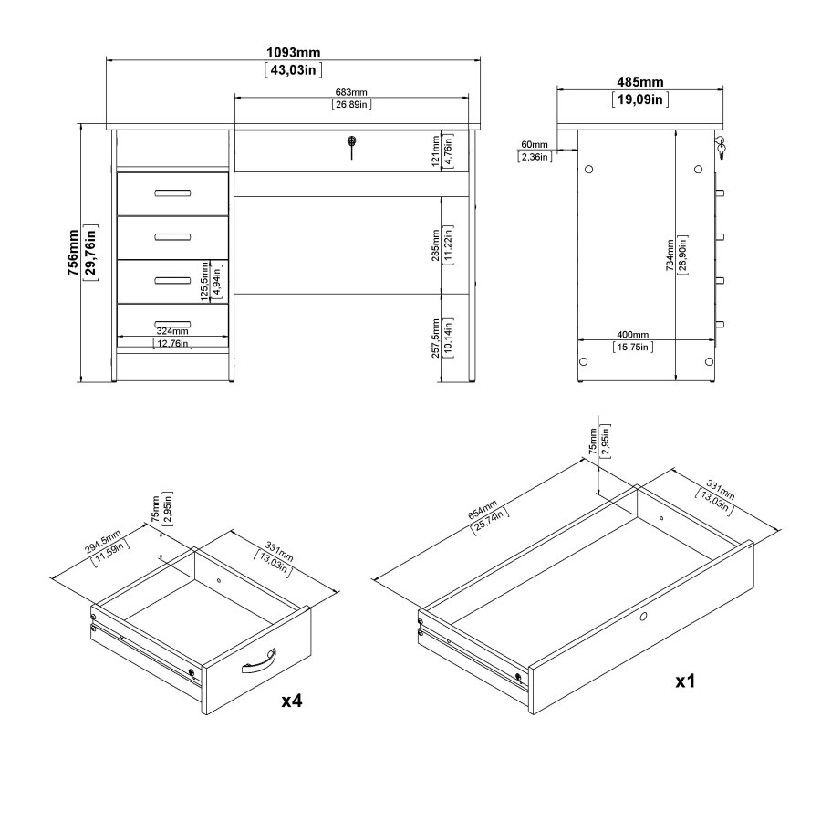TVILUM Function Plus Schreibtisch, mit 1 Fach und 5 Schubladen – MDF aus schwarzer Esche (109,3 x 48,5)