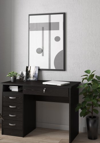 TVILUM Function Plus Schreibtisch, mit 1 Fach und 5 Schubladen – MDF aus schwarzer Esche (109,3 x 48,5)