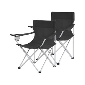SONGMICS campingstol, med armlener, koppholder, sammenleggbar - svart stoff og st�l (sett med 2)