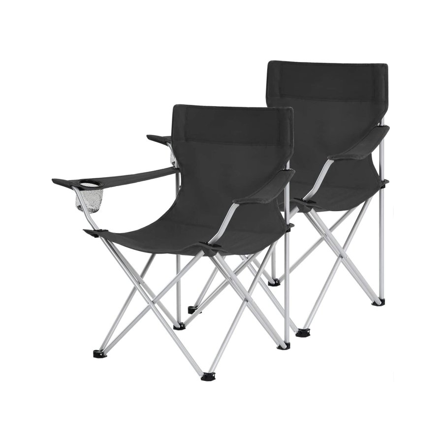 SONGMICS campingstol, med armlener, koppholder, sammenleggbar - svart stoff og st�l (sett med 2)