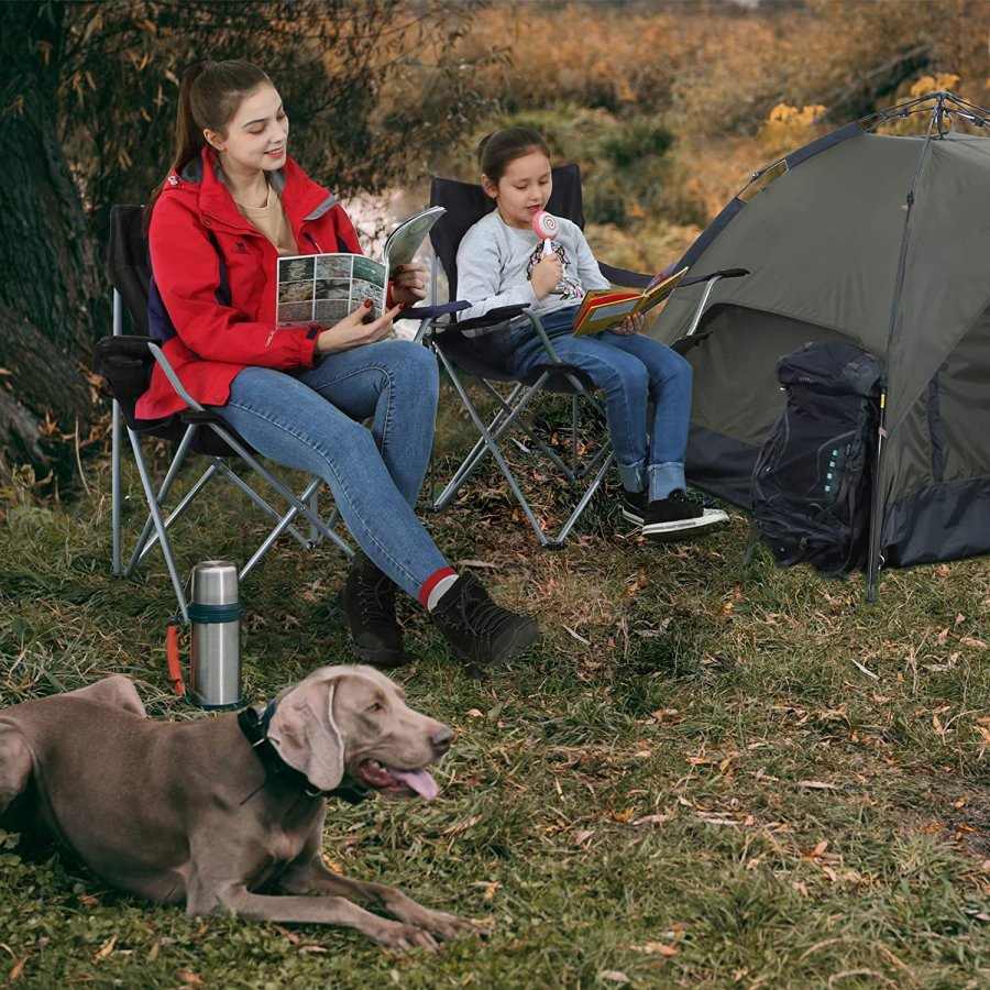 SONGMICS campingstol, med armlener, koppholder, sammenleggbar - svart stoff og st�l (sett med 2)