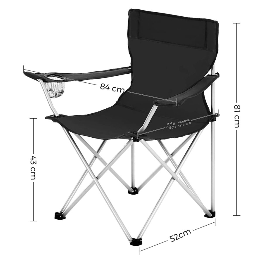 SONGMICS campingstol, med armlener, koppholder, sammenleggbar - svart stoff og st�l (sett med 2)
