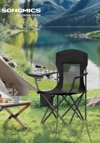 SONGMICS Pustende Campingstoler, Sammenleggbare Utestoler Sett med 2, H�y Rygg, Justerbare Armlener, Drikkeholder, Vektkapasitet 147 kg, For Sportshage Bakg�rd, Blekksvart UGCB028B02