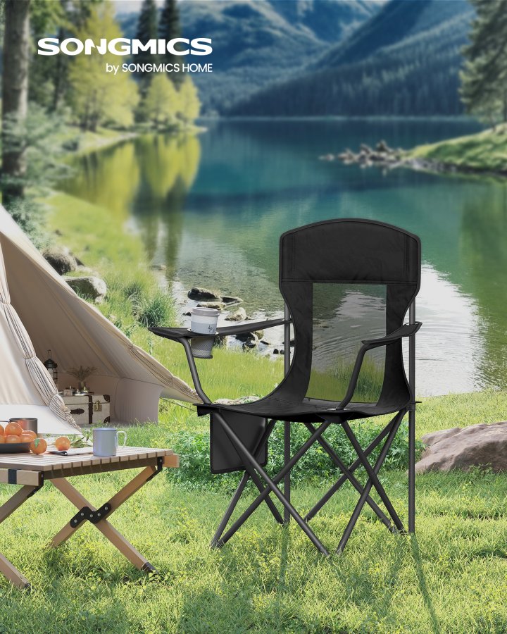 SONGMICS �ndbare Campingstole, Sammenklappelige Udend�rsstole S�t med 2, H�j Ryg, Justerbare Arml�n, Drikkeholder, V�gtkapacitet 147 kg, Til Sportshave Bagg�rd, Bl�ksort UGCB028B02