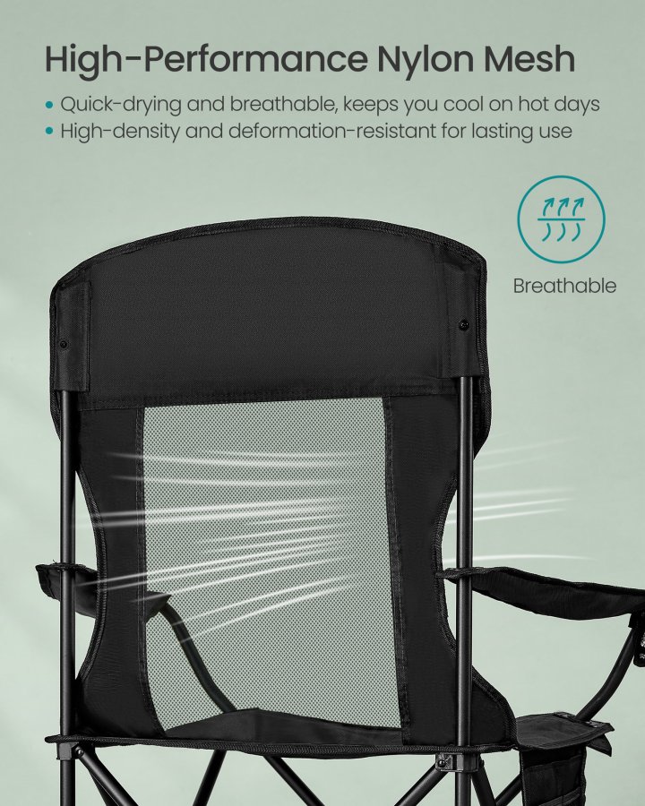 SONGMICS �ndbare Campingstole, Sammenklappelige Udend�rsstole S�t med 2, H�j Ryg, Justerbare Arml�n, Drikkeholder, V�gtkapacitet 147 kg, Til Sportshave Bagg�rd, Bl�ksort UGCB028B02