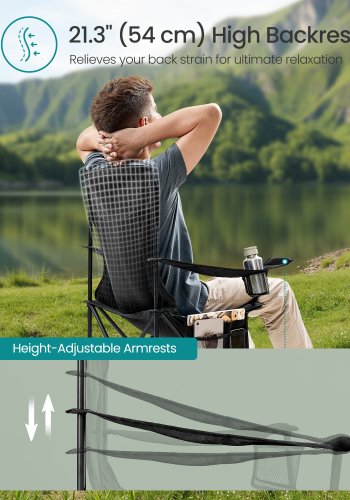 SONGMICS �ndbare Campingstole, Sammenklappelige Udend�rsstole S�t med 2, H�j Ryg, Justerbare Arml�n, Drikkeholder, V�gtkapacitet 147 kg, Til Sportshave Bagg�rd, Bl�ksort UGCB028B02