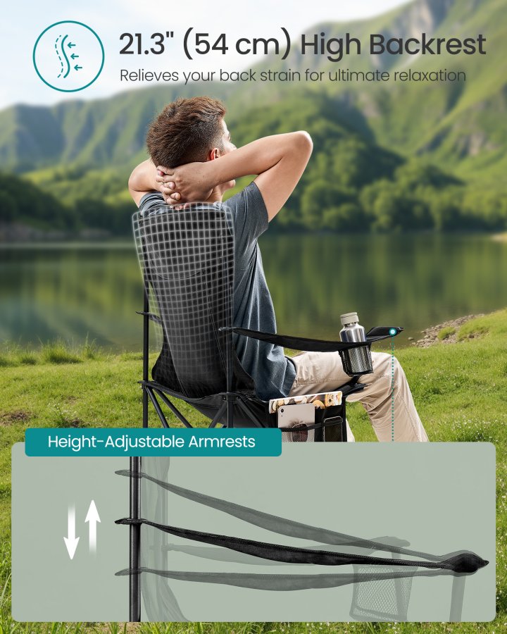 SONGMICS �ndbare Campingstole, Sammenklappelige Udend�rsstole S�t med 2, H�j Ryg, Justerbare Arml�n, Drikkeholder, V�gtkapacitet 147 kg, Til Sportshave Bagg�rd, Bl�ksort UGCB028B02
