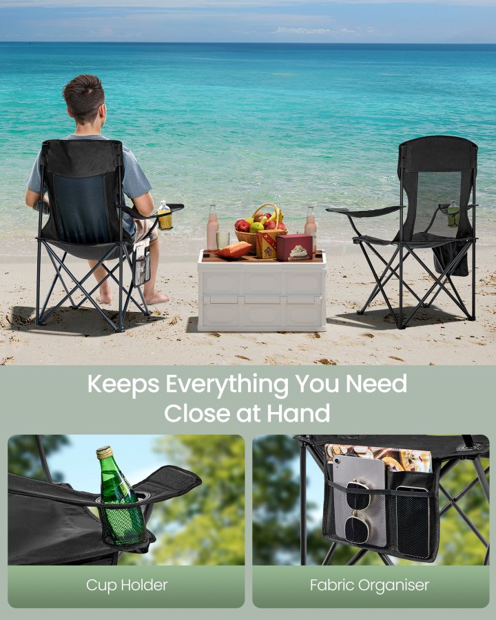 SONGMICS �ndbare Campingstole, Sammenklappelige Udend�rsstole S�t med 2, H�j Ryg, Justerbare Arml�n, Drikkeholder, V�gtkapacitet 147 kg, Til Sportshave Bagg�rd, Bl�ksort UGCB028B02