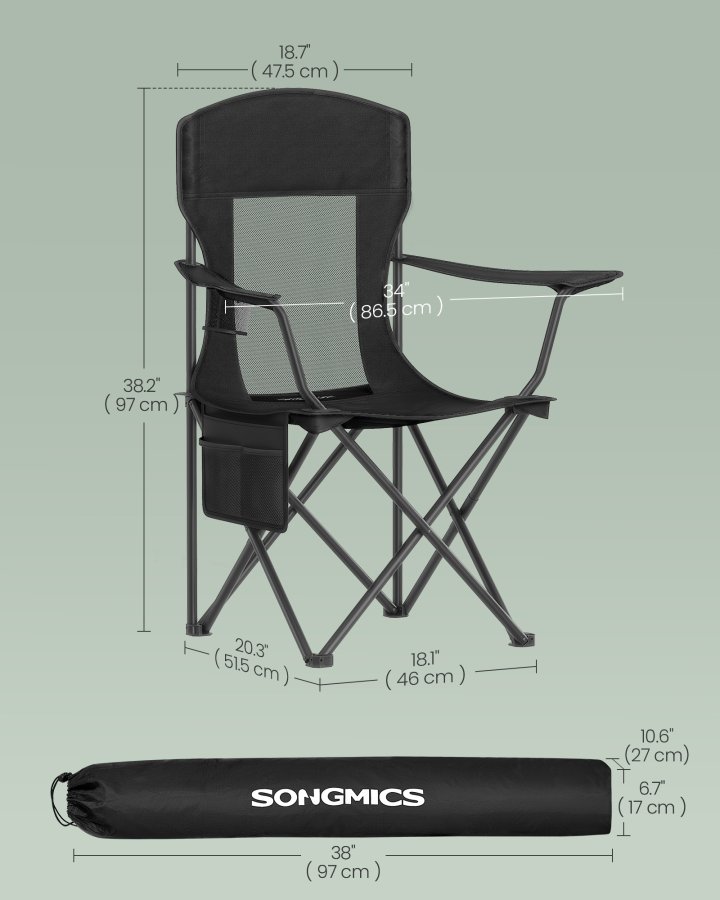 SONGMICS �ndbare Campingstole, Sammenklappelige Udend�rsstole S�t med 2, H�j Ryg, Justerbare Arml�n, Drikkeholder, V�gtkapacitet 147 kg, Til Sportshave Bagg�rd, Bl�ksort UGCB028B02