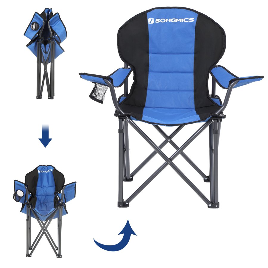 SONGMICS GCB06BU campingstol, m. arml�n, kopholder, foldbar - bl� stof og gr� st�l