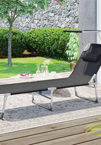SONGMICS GCB192B01 solseng, m. nakkest�tte, justerbar rygl�n, solsk�rm, foldbar - sort stof og st�l (53x193)