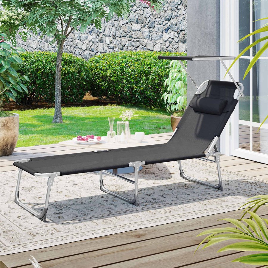 SONGMICS GCB192B01 solseng, m. nakkest�tte, justerbar rygl�n, solsk�rm, foldbar - sort stof og st�l (53x193)