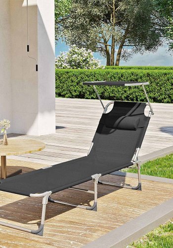 SONGMICS GCB192B01 solseng, m. nakkest�tte, justerbar rygl�n, solsk�rm, foldbar - sort stof og st�l (53x193)