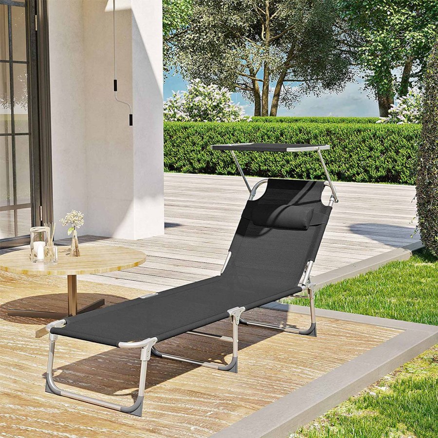 SONGMICS GCB192B01 solseng, m. nakkest�tte, justerbar rygl�n, solsk�rm, foldbar - sort stof og st�l (53x193)