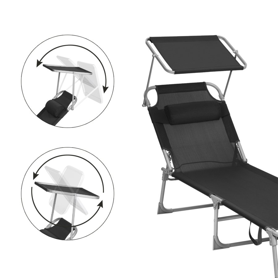 SONGMICS GCB192B01 solseng, m. nakkest�tte, justerbar rygl�n, solsk�rm, foldbar - sort stof og st�l (53x193)