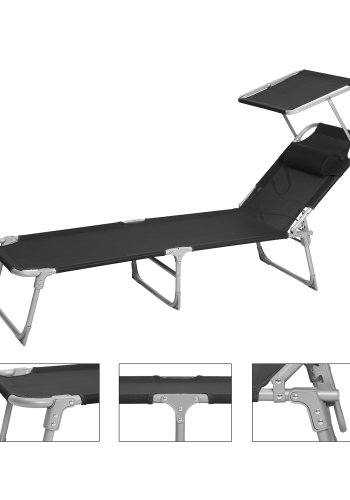 SONGMICS GCB192B01 solseng, m. nakkest�tte, justerbar rygl�n, solsk�rm, foldbar - sort stof og st�l (53x193)