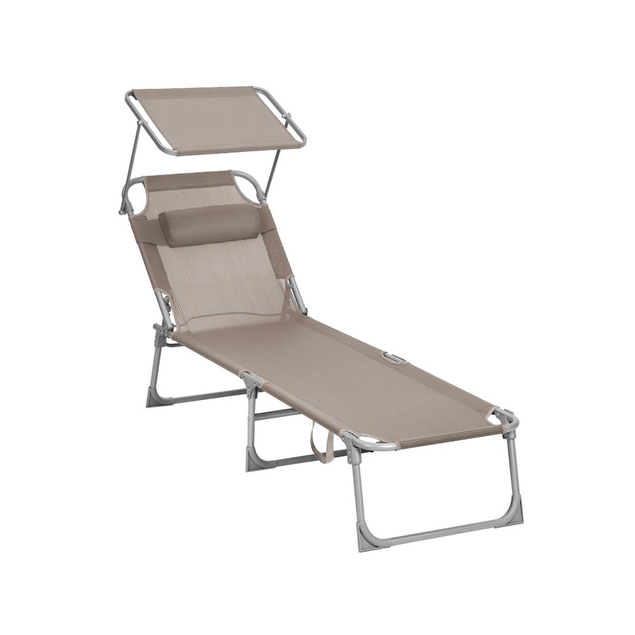 SONGMICS liggestol, solseng, hvilestol, med nakkest�tte, justerbar rygl�n, solsk�rm, let, foldbar, 53 x 193 x 29,5 cm, lasteevne 150 kg, til haven, taupe GCB192K01