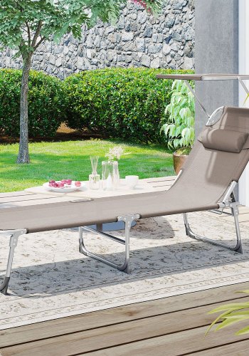 SONGMICS GCB192K01 solseng, m. nakkest�tte, justerbar rygl�n, solsk�rm, foldbar - taupe stof og st�l (53x193)
