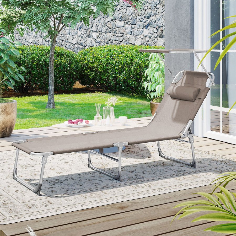 SONGMICS liggestol, solseng, hvilestol, med nakkest�tte, justerbar rygl�n, solsk�rm, let, foldbar, 53 x 193 x 29,5 cm, lasteevne 150 kg, til haven, taupe GCB192K01