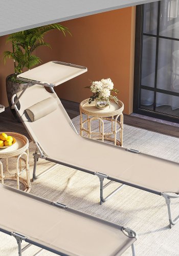 SONGMICS liggestol, solseng, hvilestol, med nakkest�tte, justerbar rygl�n, solsk�rm, let, foldbar, 53 x 193 x 29,5 cm, lasteevne 150 kg, til haven, taupe GCB192K01