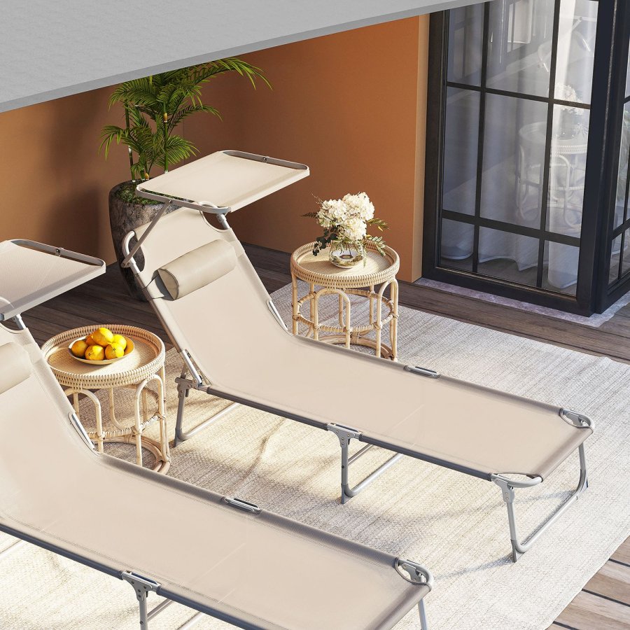 SONGMICS liggestol, solseng, hvilestol, med nakkest�tte, justerbar rygl�n, solsk�rm, let, foldbar, 53 x 193 x 29,5 cm, lasteevne 150 kg, til haven, taupe GCB192K01