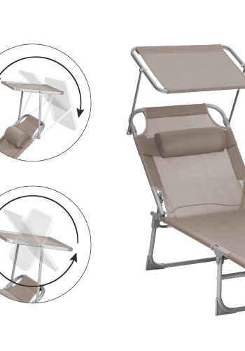 SONGMICS liggestol, solseng, hvilestol, med nakkest�tte, justerbar rygl�n, solsk�rm, let, foldbar, 53 x 193 x 29,5 cm, lasteevne 150 kg, til haven, taupe GCB192K01