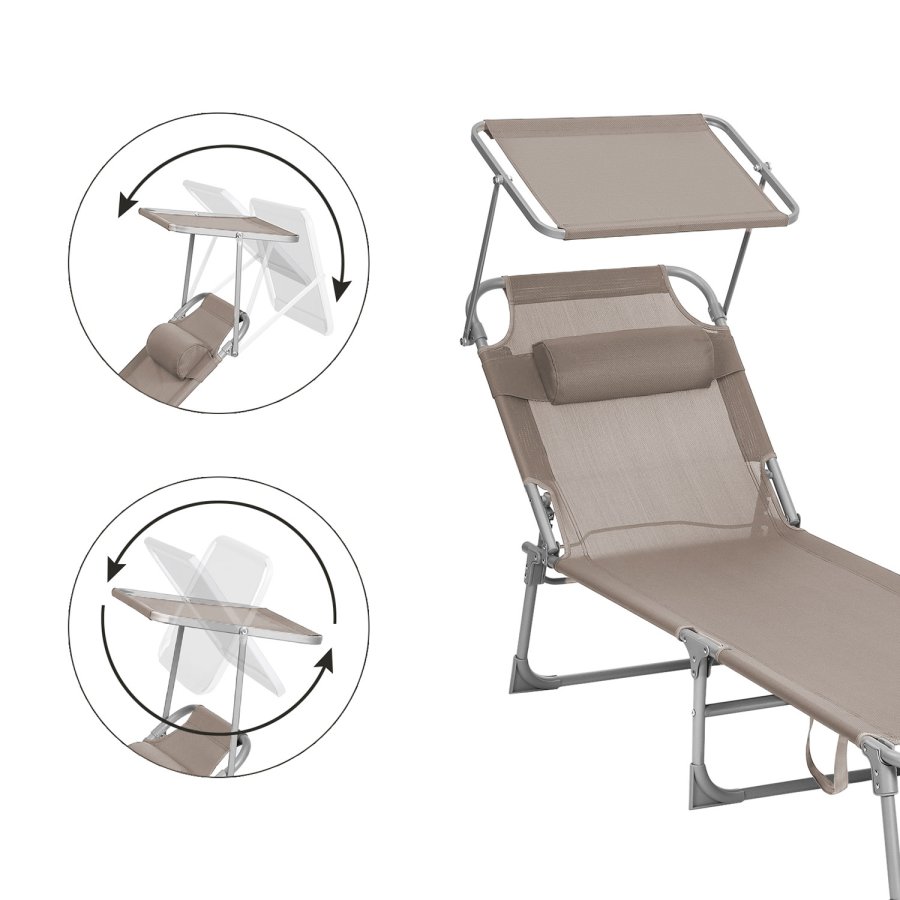 SONGMICS liggestol, solseng, hvilestol, med nakkest�tte, justerbar rygl�n, solsk�rm, let, foldbar, 53 x 193 x 29,5 cm, lasteevne 150 kg, til haven, taupe GCB192K01