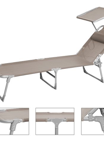 SONGMICS liggestol, solseng, hvilestol, med nakkest�tte, justerbar rygl�n, solsk�rm, let, foldbar, 53 x 193 x 29,5 cm, lasteevne 150 kg, til haven, taupe GCB192K01