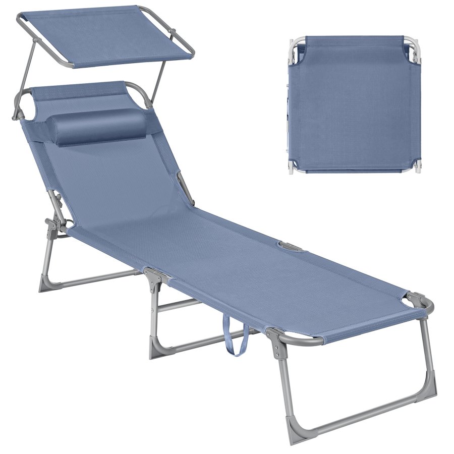 SONGMICS liggestol, foldbar liggestol, solseng, 193 x 53 x 29 cm, maks. belastning 150 kg, med solsk�rm, nakkest�tte, justerbar rygl�n, l�nestol til terrasse, pool, have, bl� GCB192Q01